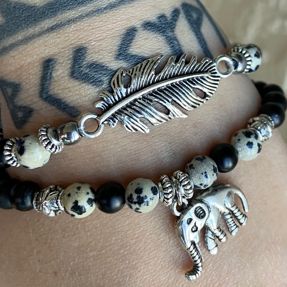 Onyx & jasper elephant leaf feather set bracelets - Picture 10 of 13